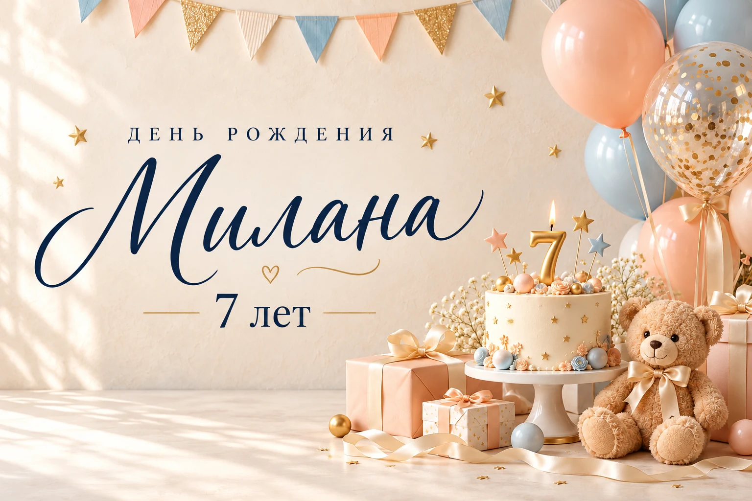 Детское приглашение Миланы — обложка с шарами и праздничным тортом